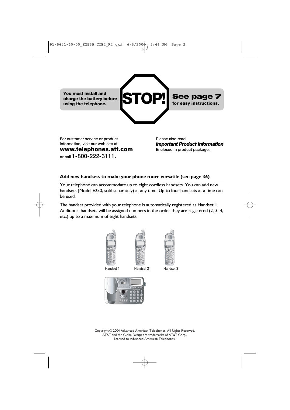 Stop, See page 7 | AT&T E2555 User Manual | Page 2 / 46