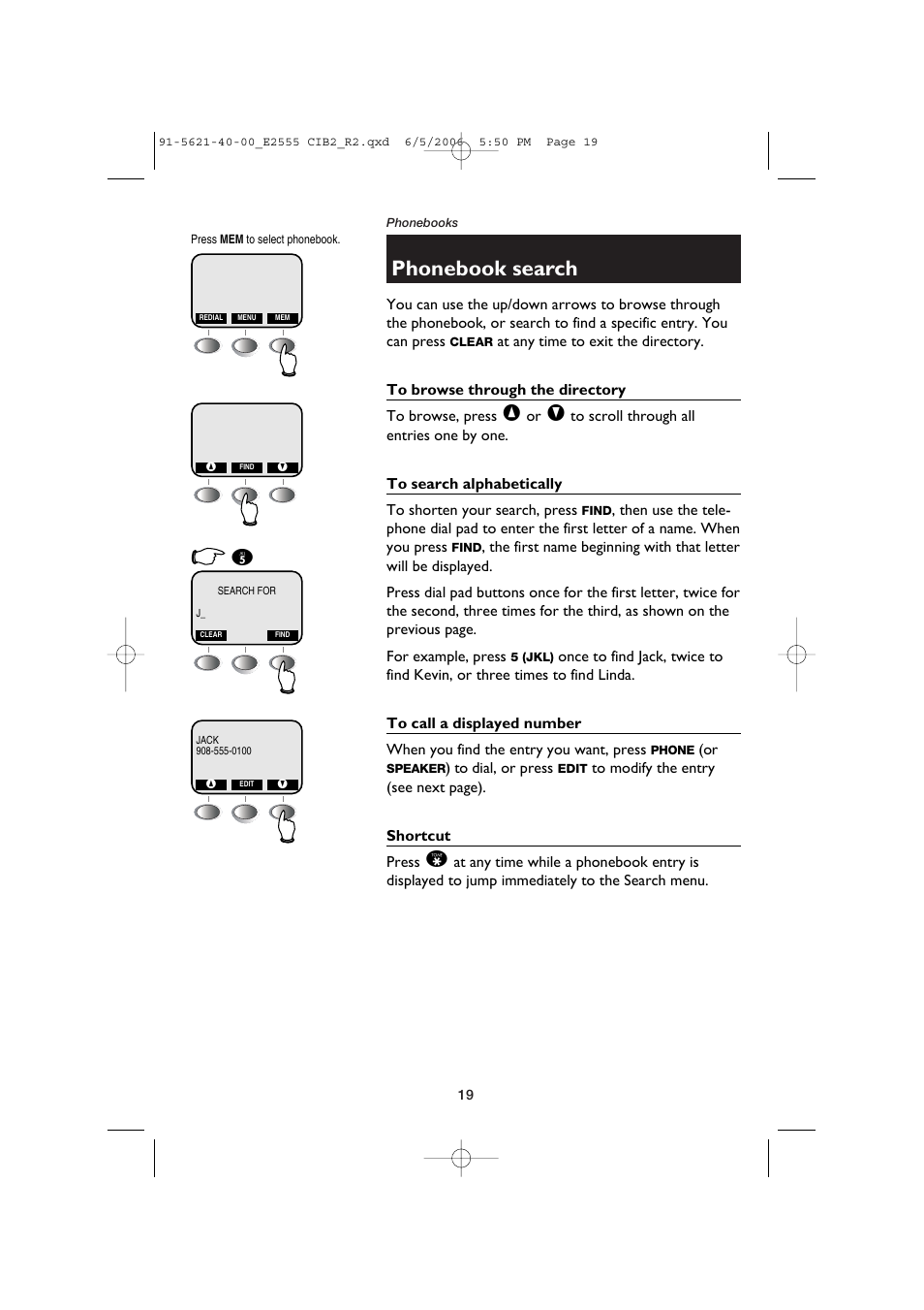 Phonebook search | AT&T E2555 User Manual | Page 21 / 46