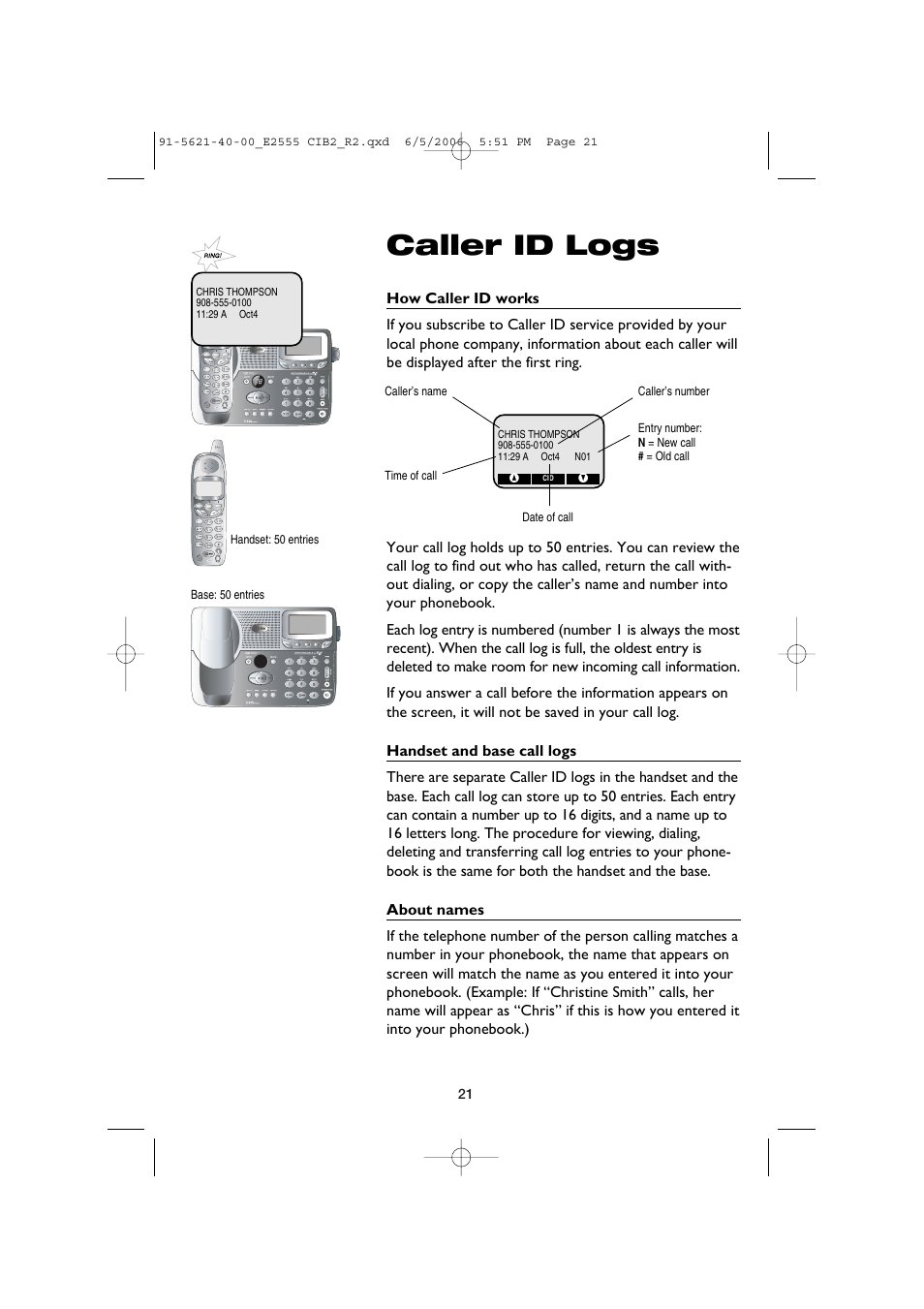 Caller id logs | AT&T E2555 User Manual | Page 23 / 46