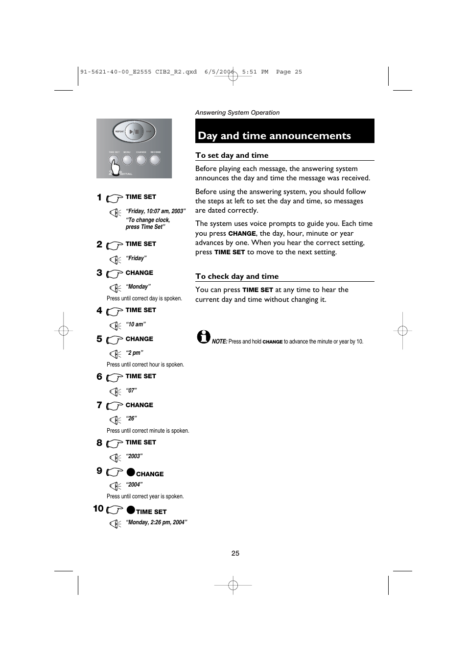 Day and time announcements | AT&T E2555 User Manual | Page 27 / 46