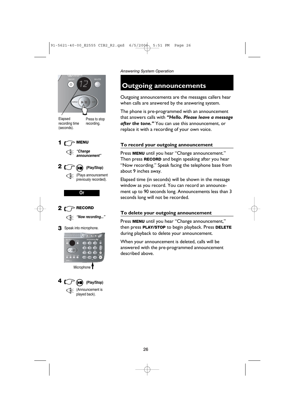 Outgoing announcements | AT&T E2555 User Manual | Page 28 / 46