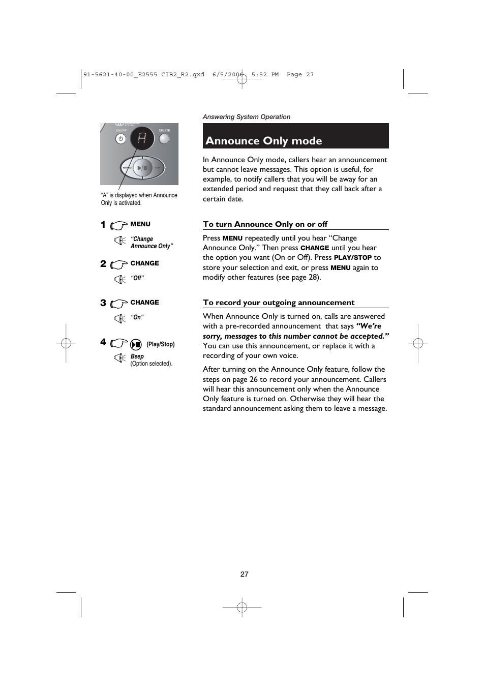 Announce only mode | AT&T E2555 User Manual | Page 29 / 46