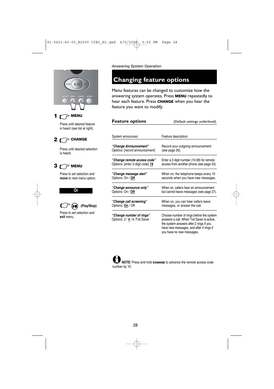 Changing feature options | AT&T E2555 User Manual | Page 30 / 46