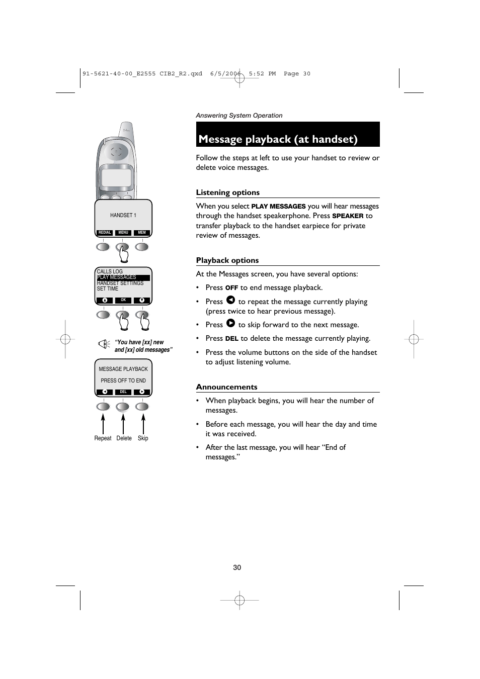 Message playback (at handset) | AT&T E2555 User Manual | Page 32 / 46