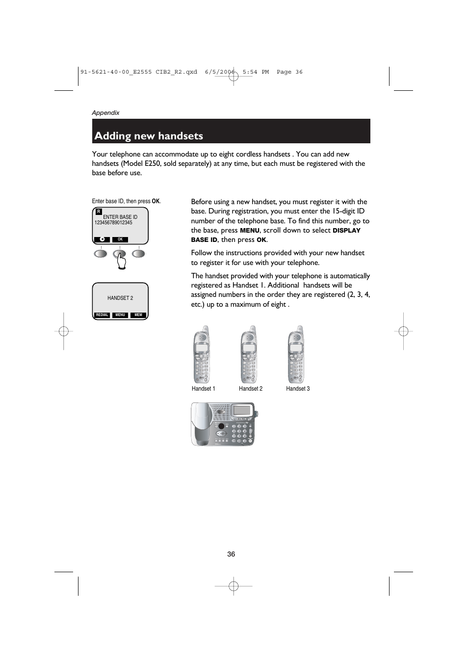 Adding new handsets, Scroll down to select, Then press | AT&T E2555 User Manual | Page 38 / 46