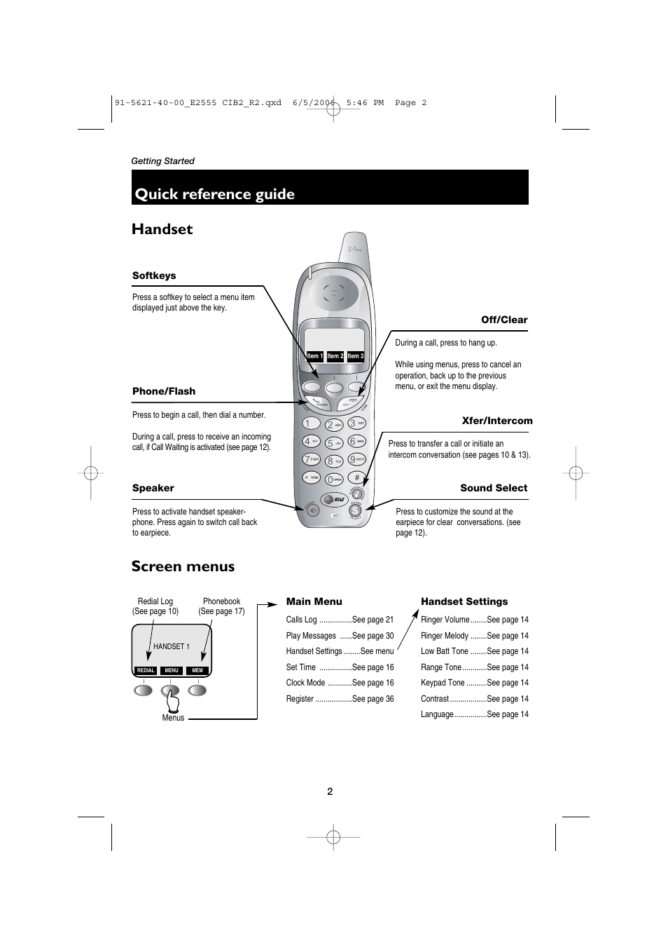 Quick reference guide, Handset, Screen menus | AT&T E2555 User Manual | Page 4 / 46