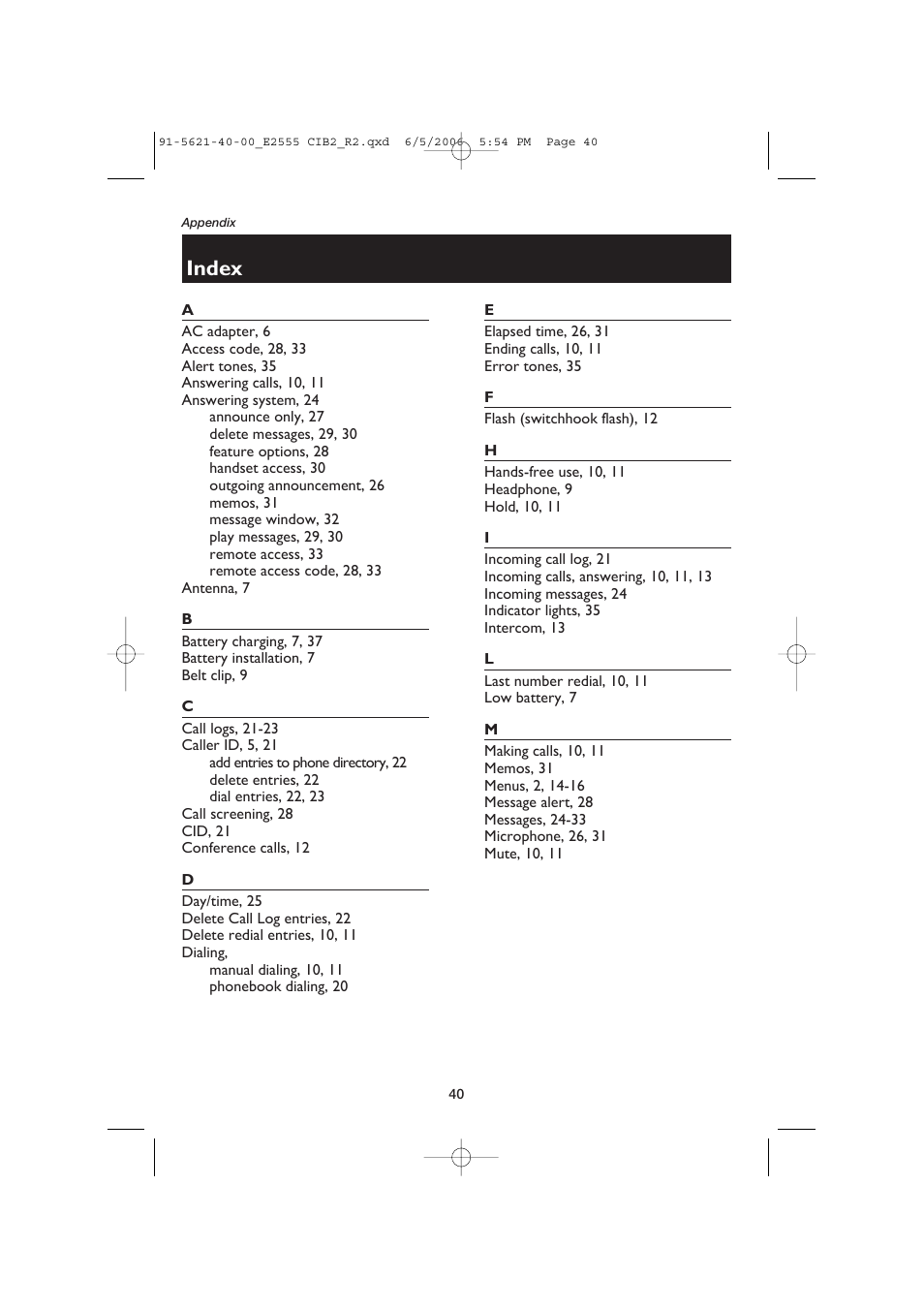 Index | AT&T E2555 User Manual | Page 42 / 46