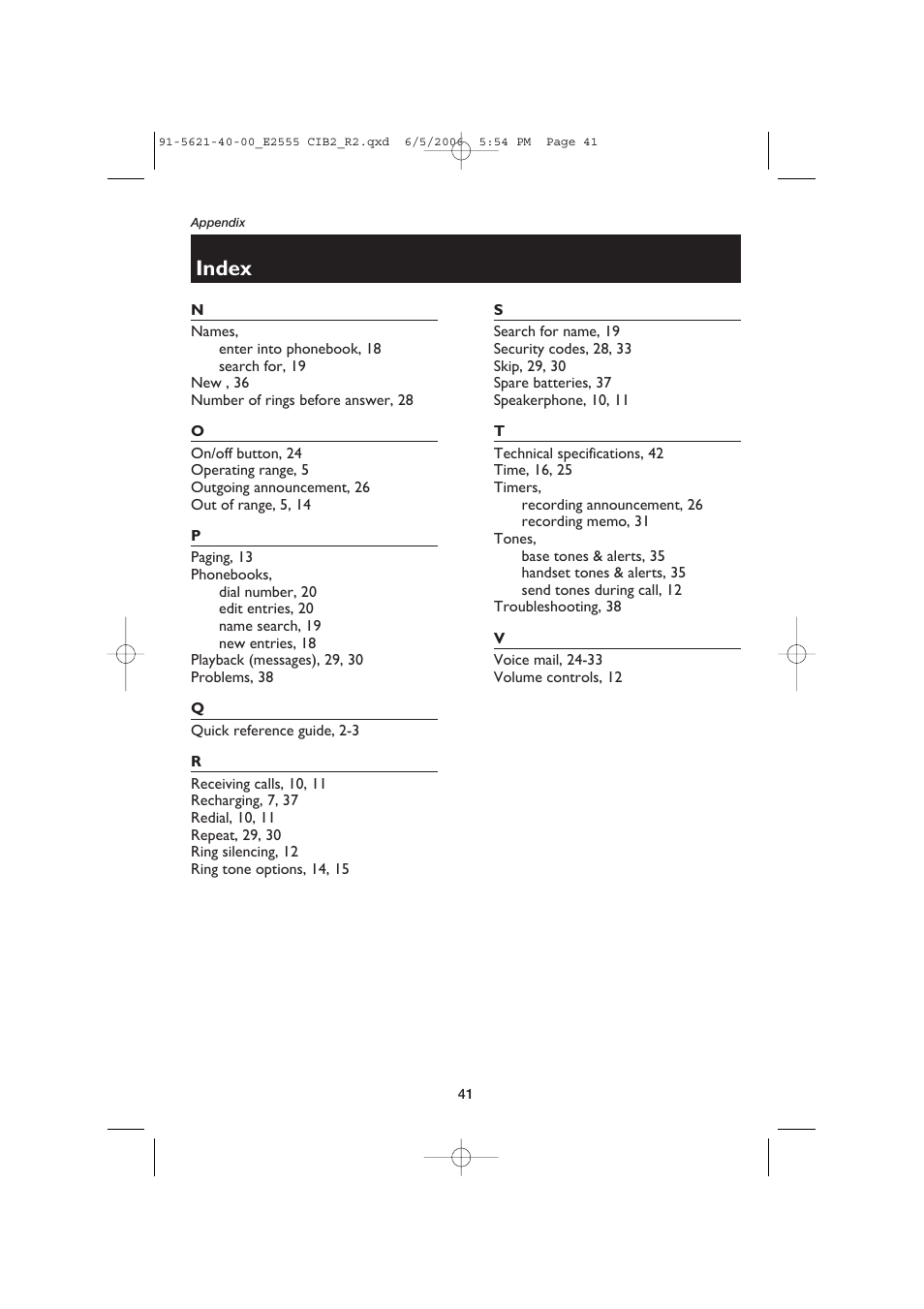 Index | AT&T E2555 User Manual | Page 43 / 46