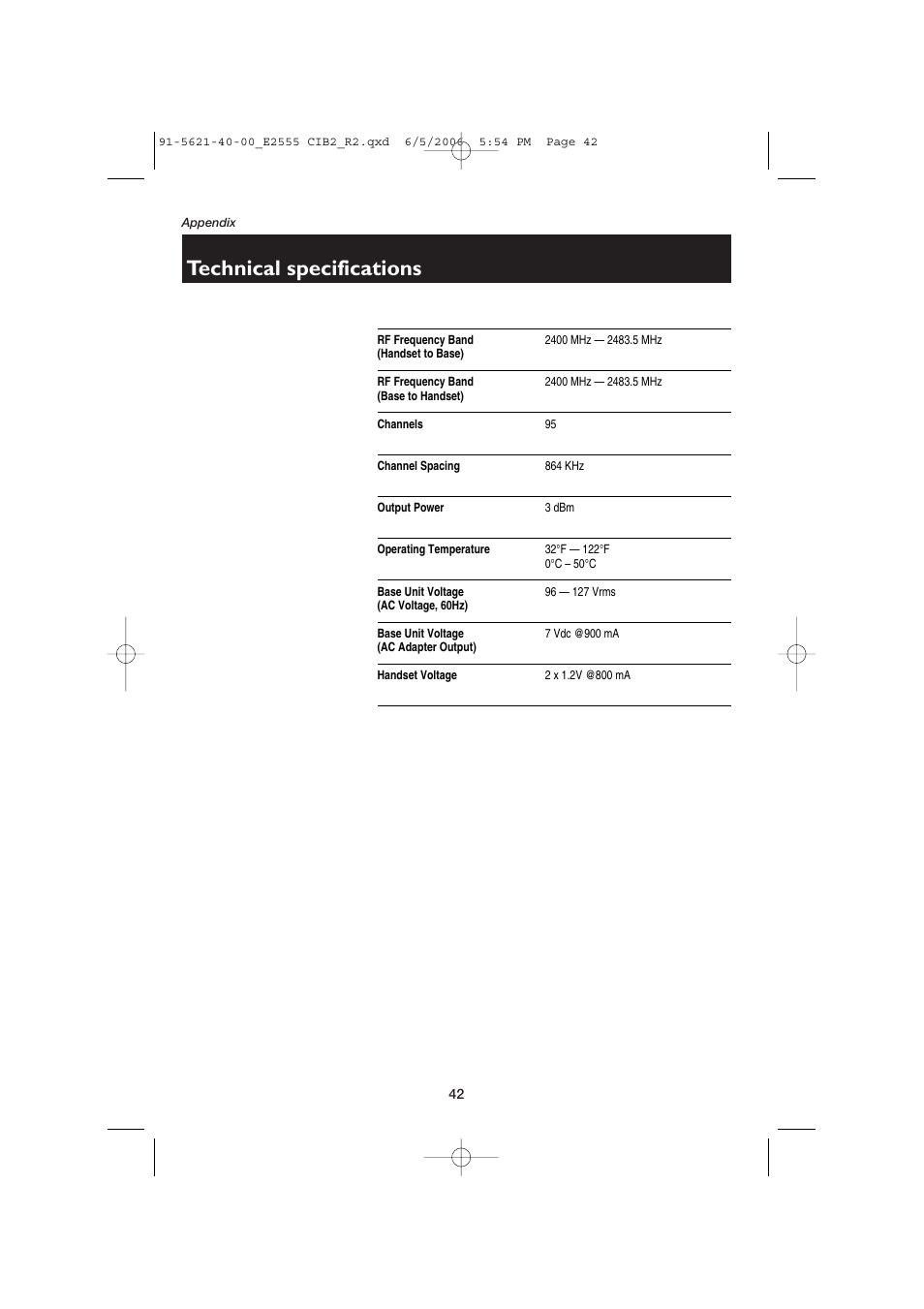 Technical specifications | AT&T E2555 User Manual | Page 44 / 46
