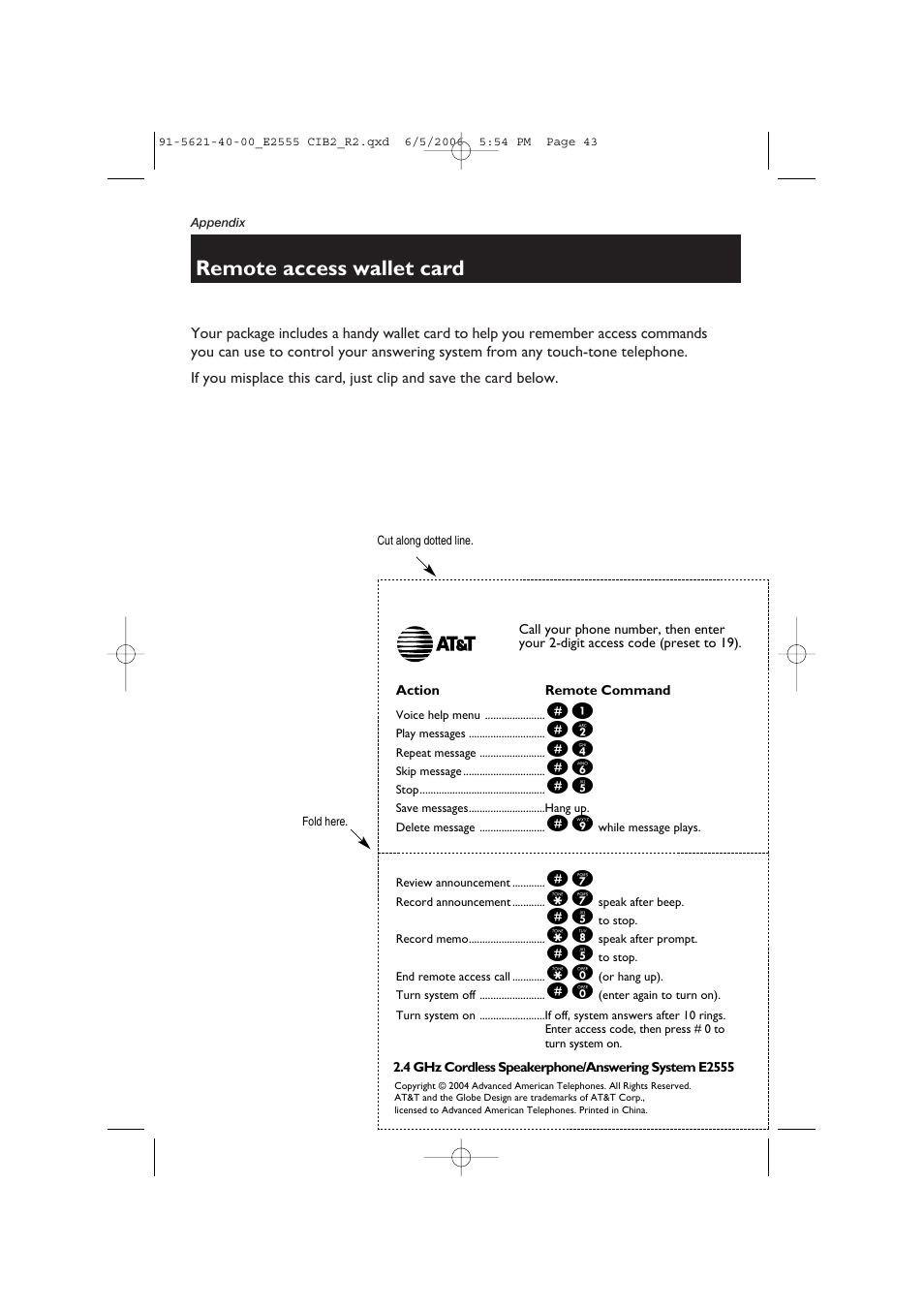 Remote access wallet card | AT&T E2555 User Manual | Page 45 / 46