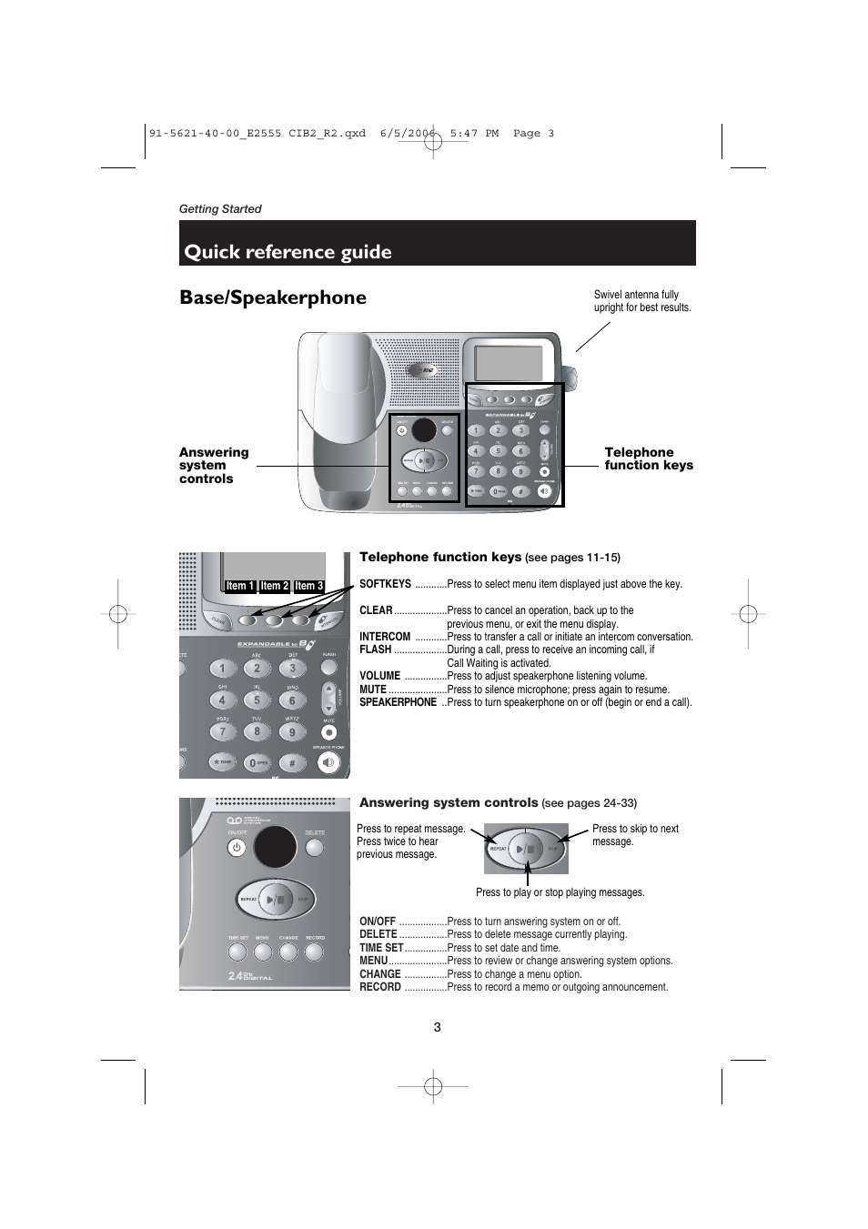 Quick reference guide, Base/speakerphone | AT&T E2555 User Manual | Page 5 / 46