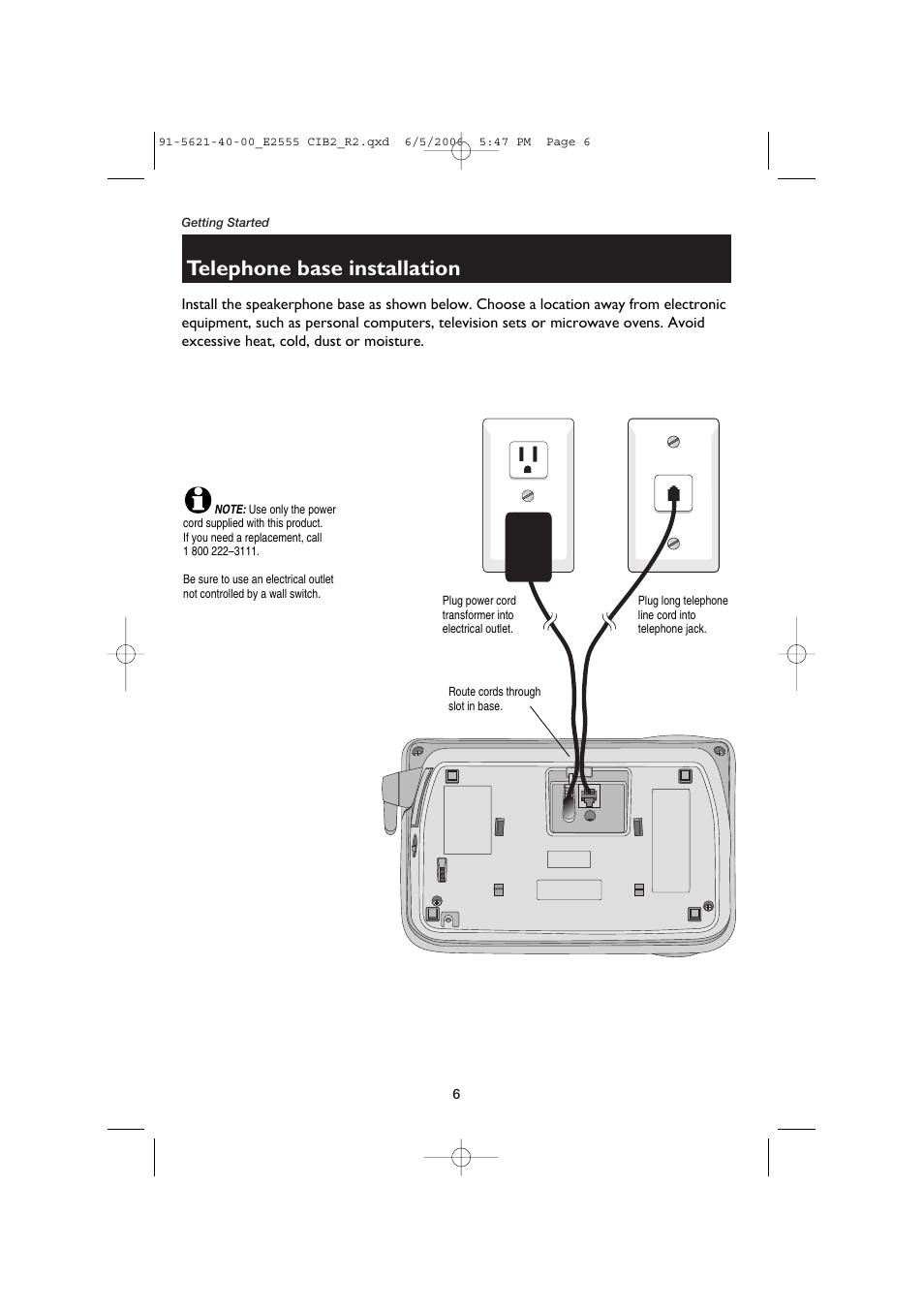 Telephone base installation | AT&T E2555 User Manual | Page 8 / 46