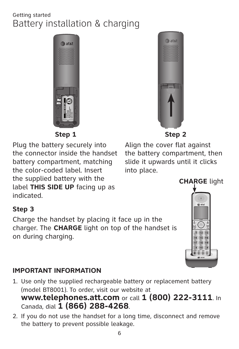 Battery installation & charging | AT&T CL80109 User Manual | Page 10 / 36