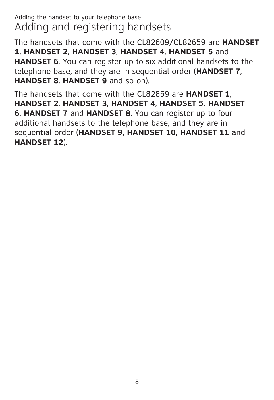 Adding and registering handsets | AT&T CL80109 User Manual | Page 12 / 36