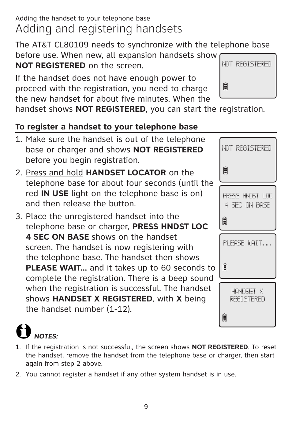 Adding and registering handsets | AT&T CL80109 User Manual | Page 13 / 36