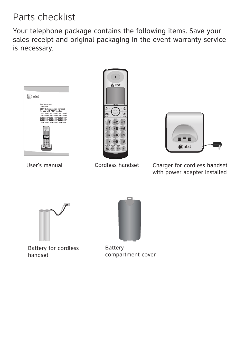 Parts checklist | AT&T CL80109 User Manual | Page 3 / 36