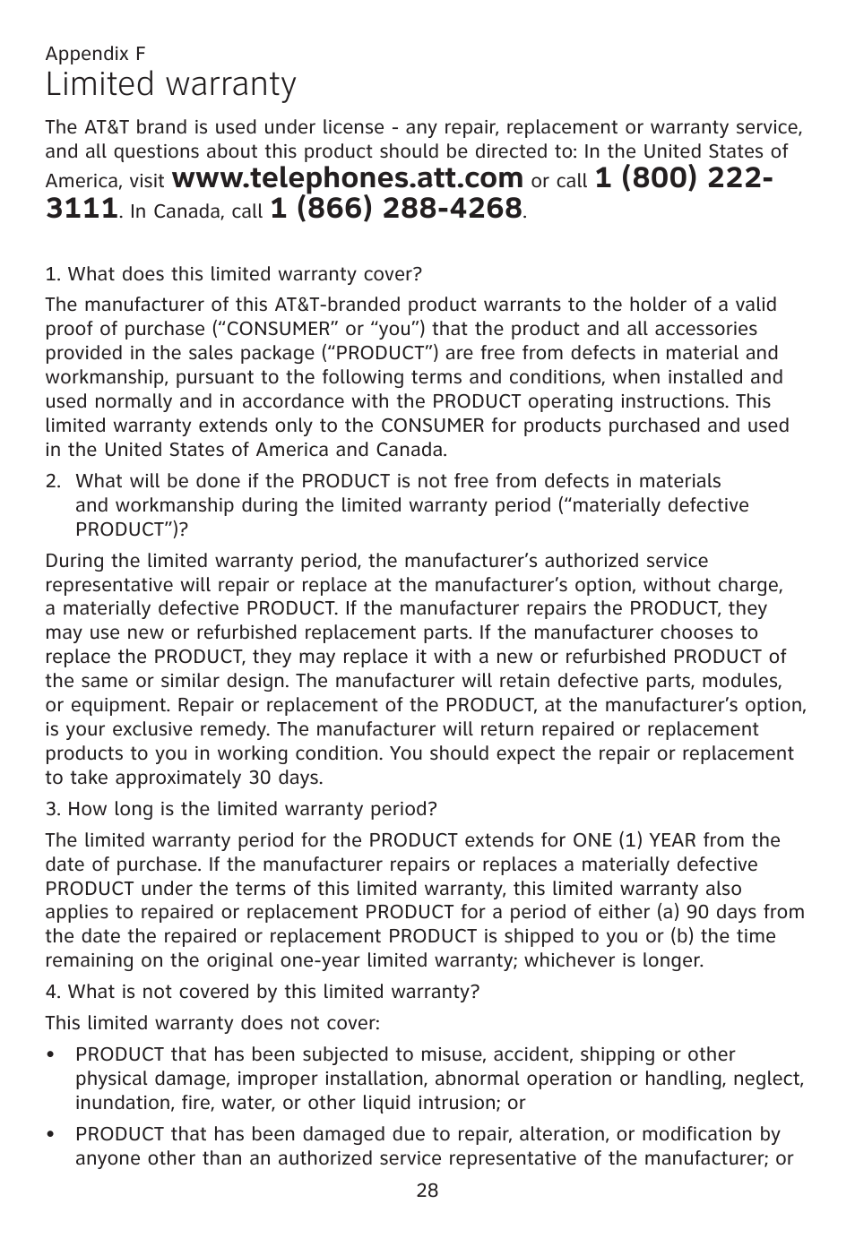 Limited warranty | AT&T CL80109 User Manual | Page 32 / 36