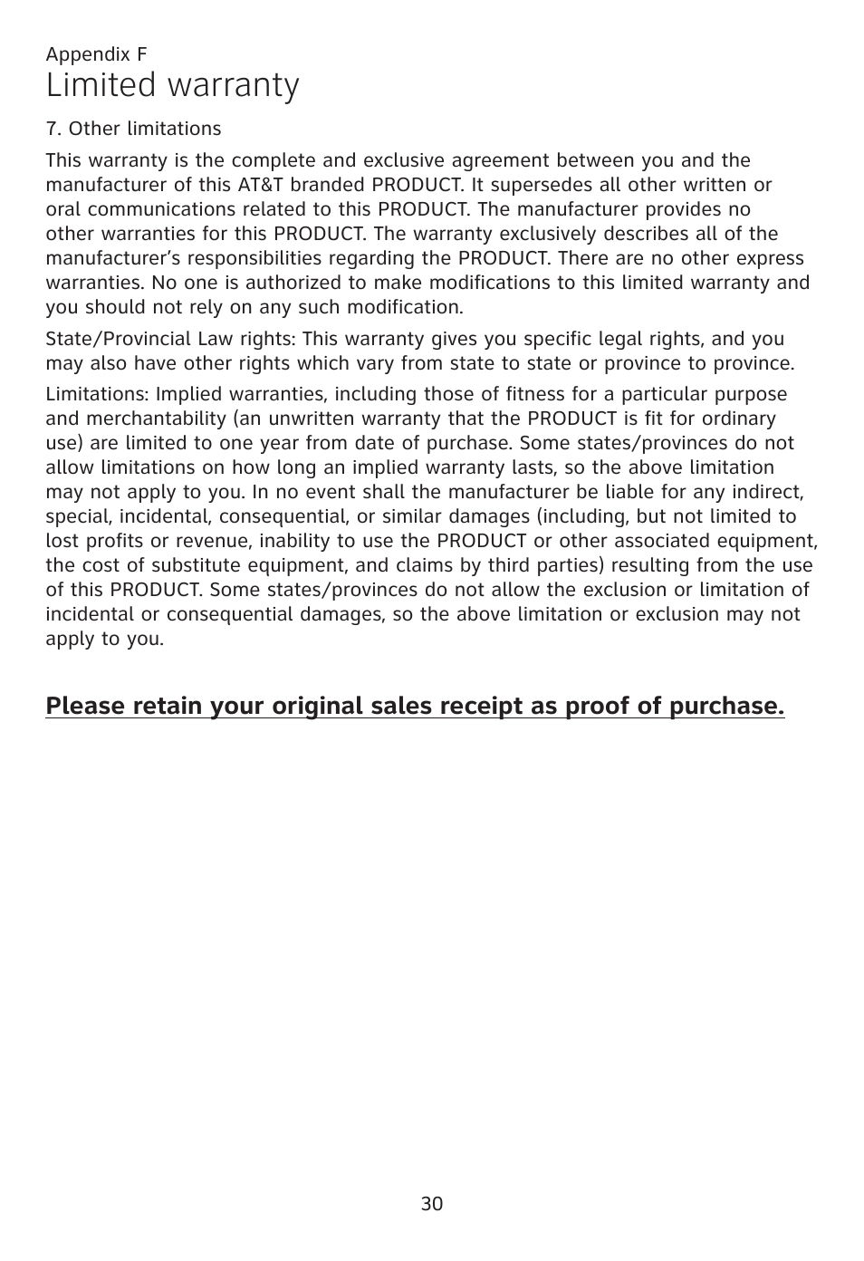 Limited warranty | AT&T CL80109 User Manual | Page 34 / 36