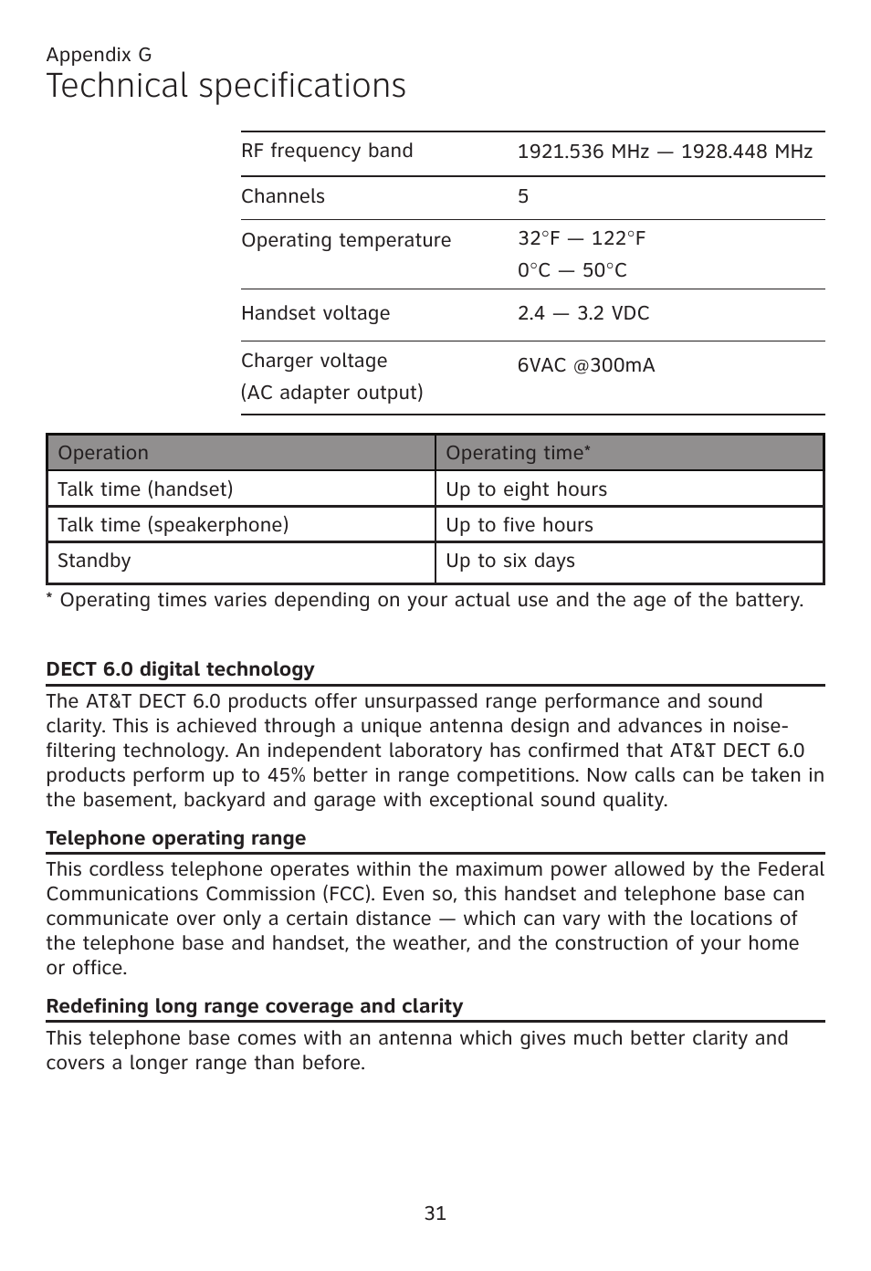 Technical specifications | AT&T CL80109 User Manual | Page 35 / 36