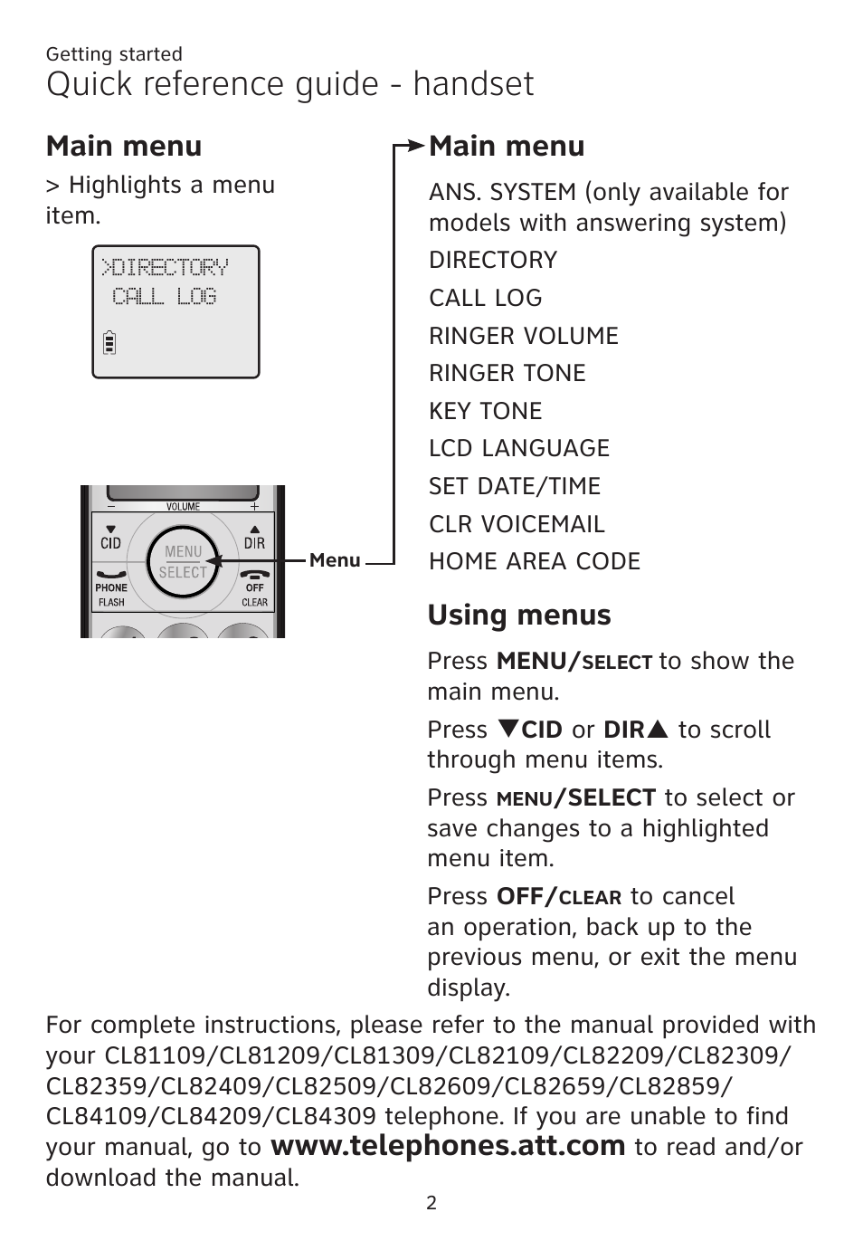 Quick reference guide - handset, Main menu, Using menus | AT&T CL80109 User Manual | Page 6 / 36