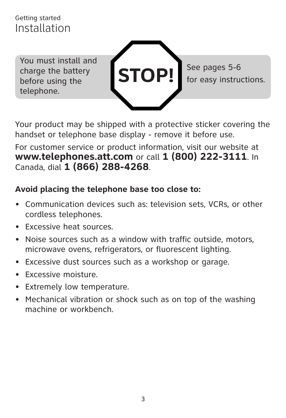 Stop, Installation | AT&T CL80109 User Manual | Page 7 / 36