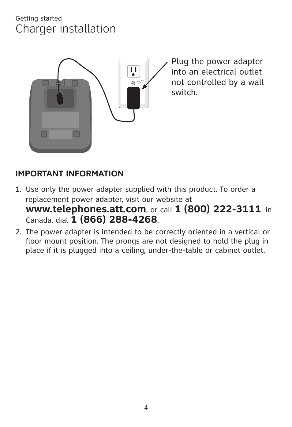 Charger installation | AT&T CL80109 User Manual | Page 8 / 36