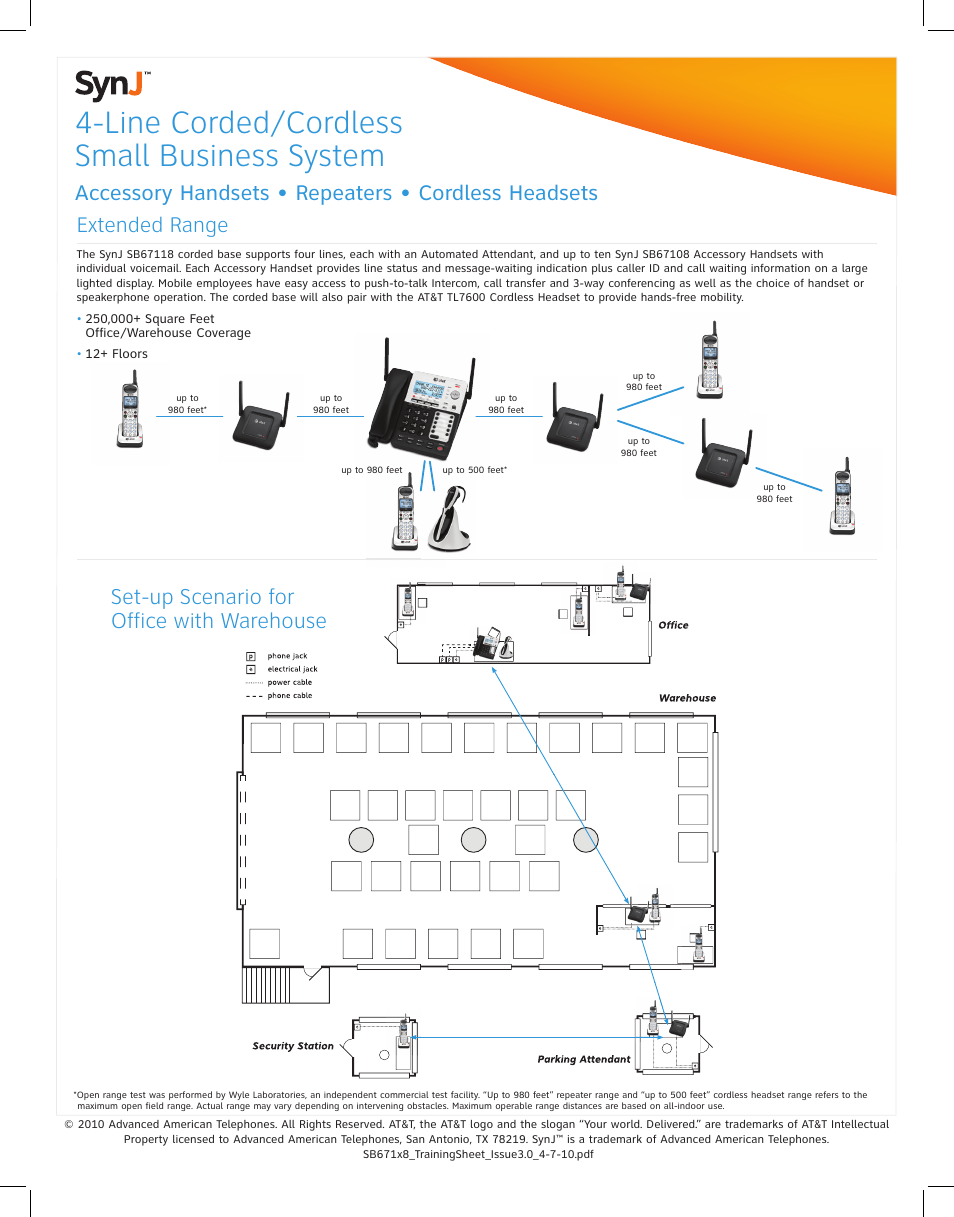 Line corded/cordless small business system, Set-up scenario for office with warehouse | AT&T TL7600 User Manual | Page 2 / 2