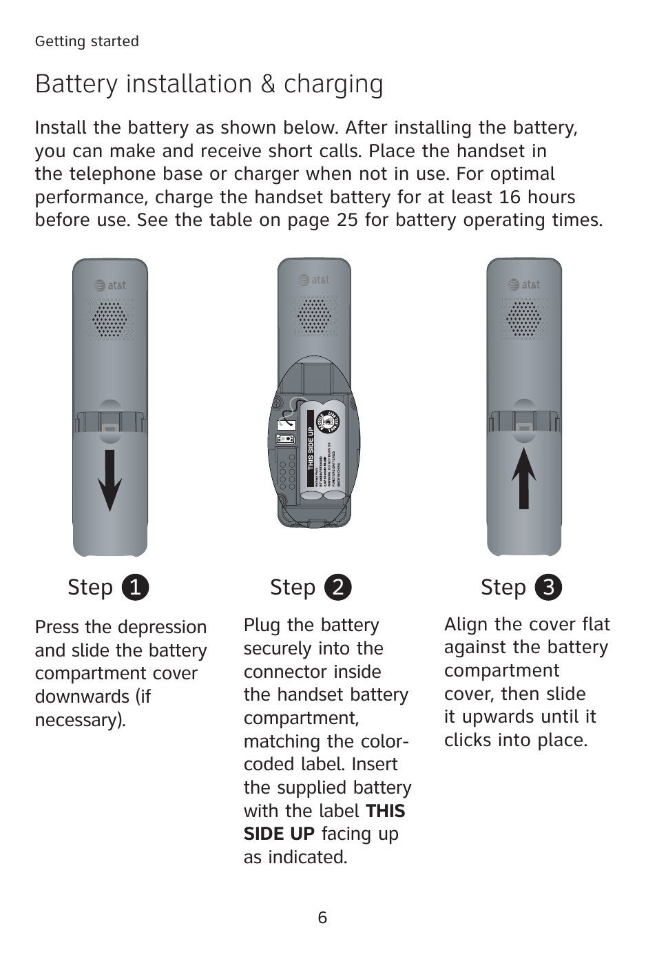 Battery installation & charging | AT&T TL90078 User Manual | Page 10 / 41