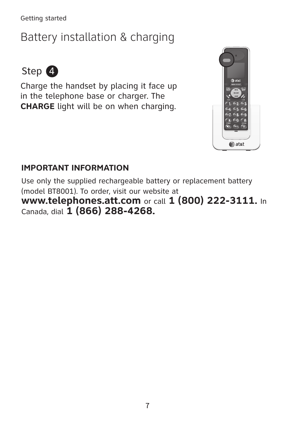 Battery installation & charging, Step 4 | AT&T TL90078 User Manual | Page 11 / 41