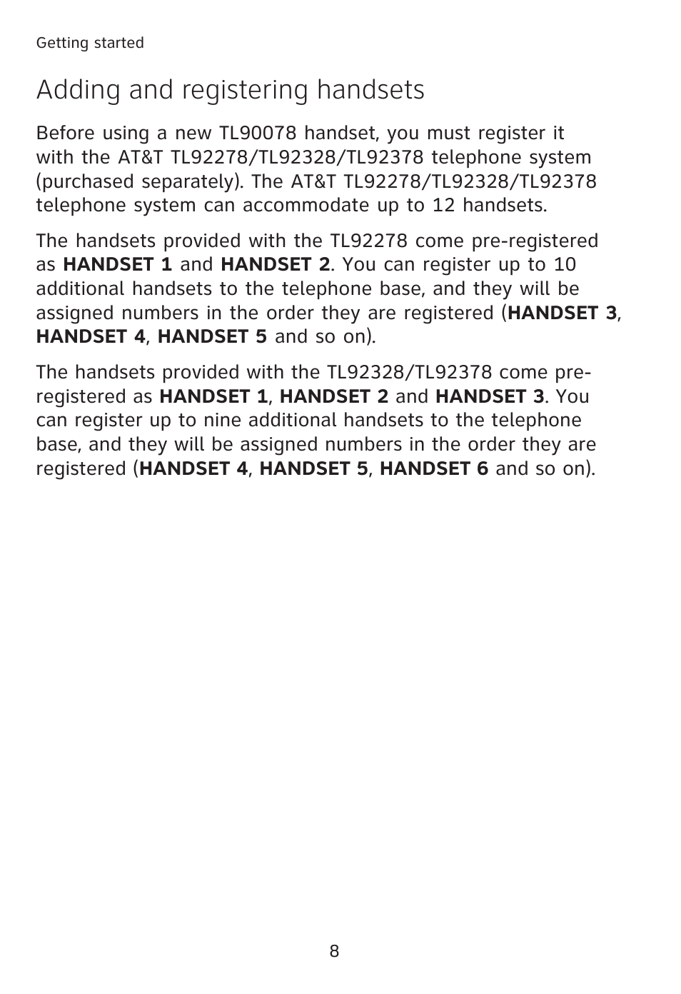 Adding and registering handsets | AT&T TL90078 User Manual | Page 12 / 41
