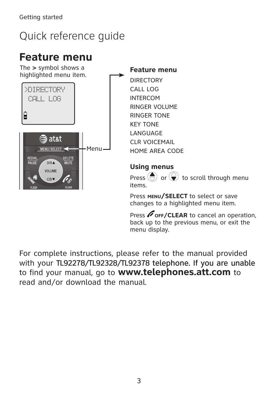 Quick reference guide, Feature menu | AT&T TL90078 User Manual | Page 7 / 41