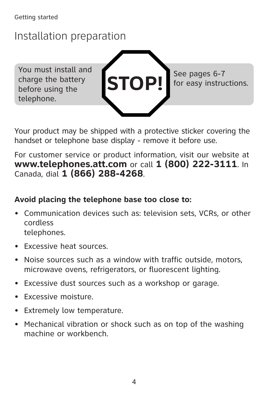 Stop, Installation preparation | AT&T TL90078 User Manual | Page 8 / 41