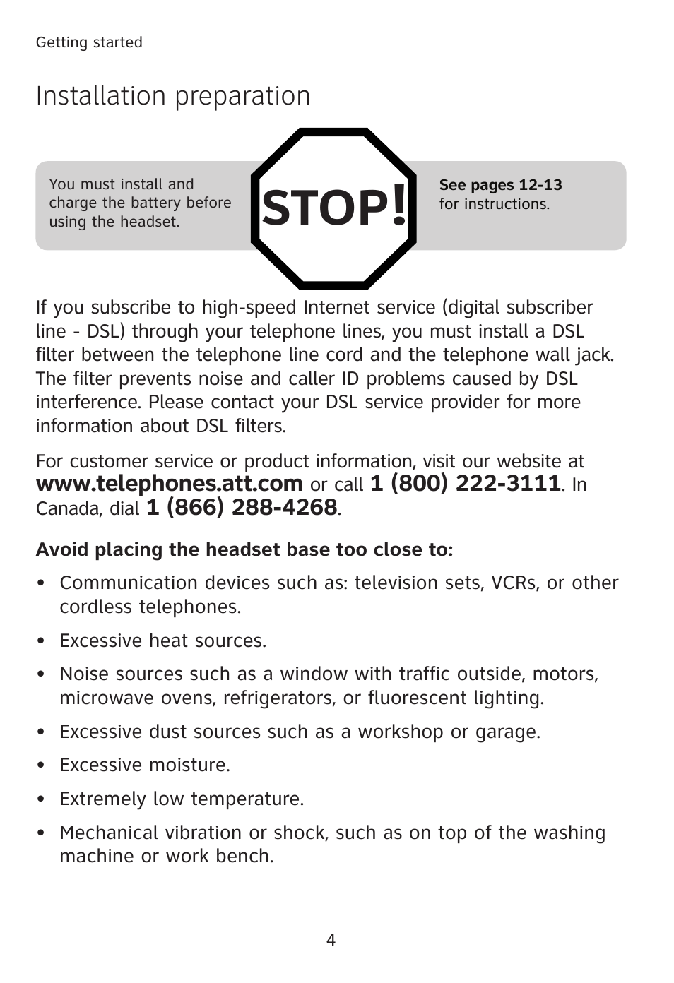 Stop, Installation preparation | AT&T TL7610 User Manual | Page 10 / 72