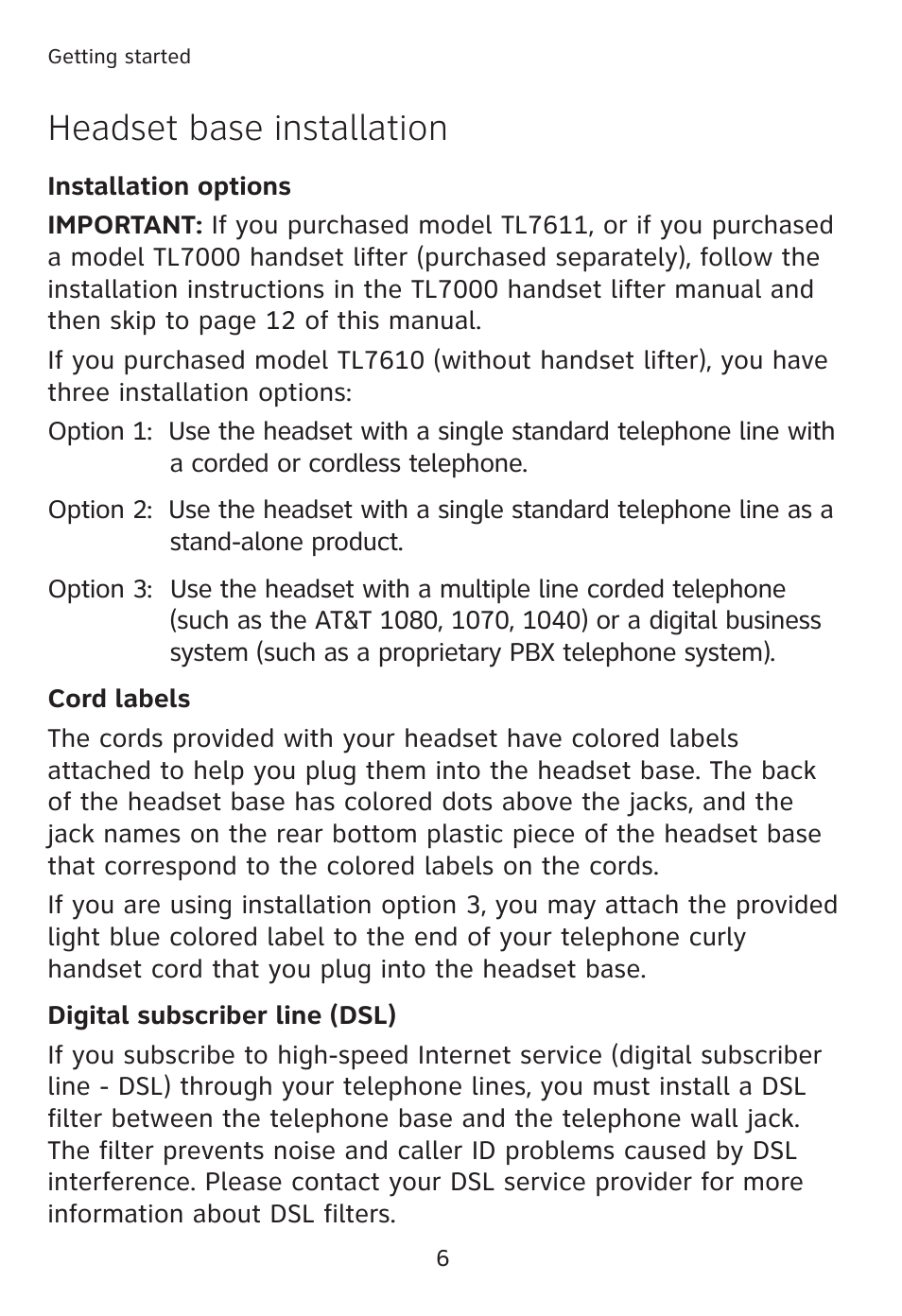 Headset base installation | AT&T TL7610 User Manual | Page 12 / 72