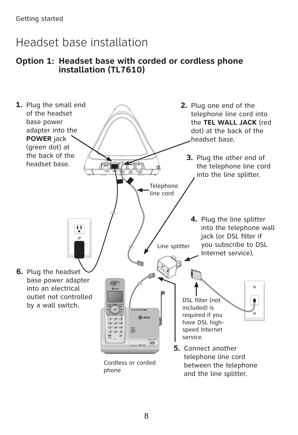 Headset base installation | AT&T TL7610 User Manual | Page 14 / 72