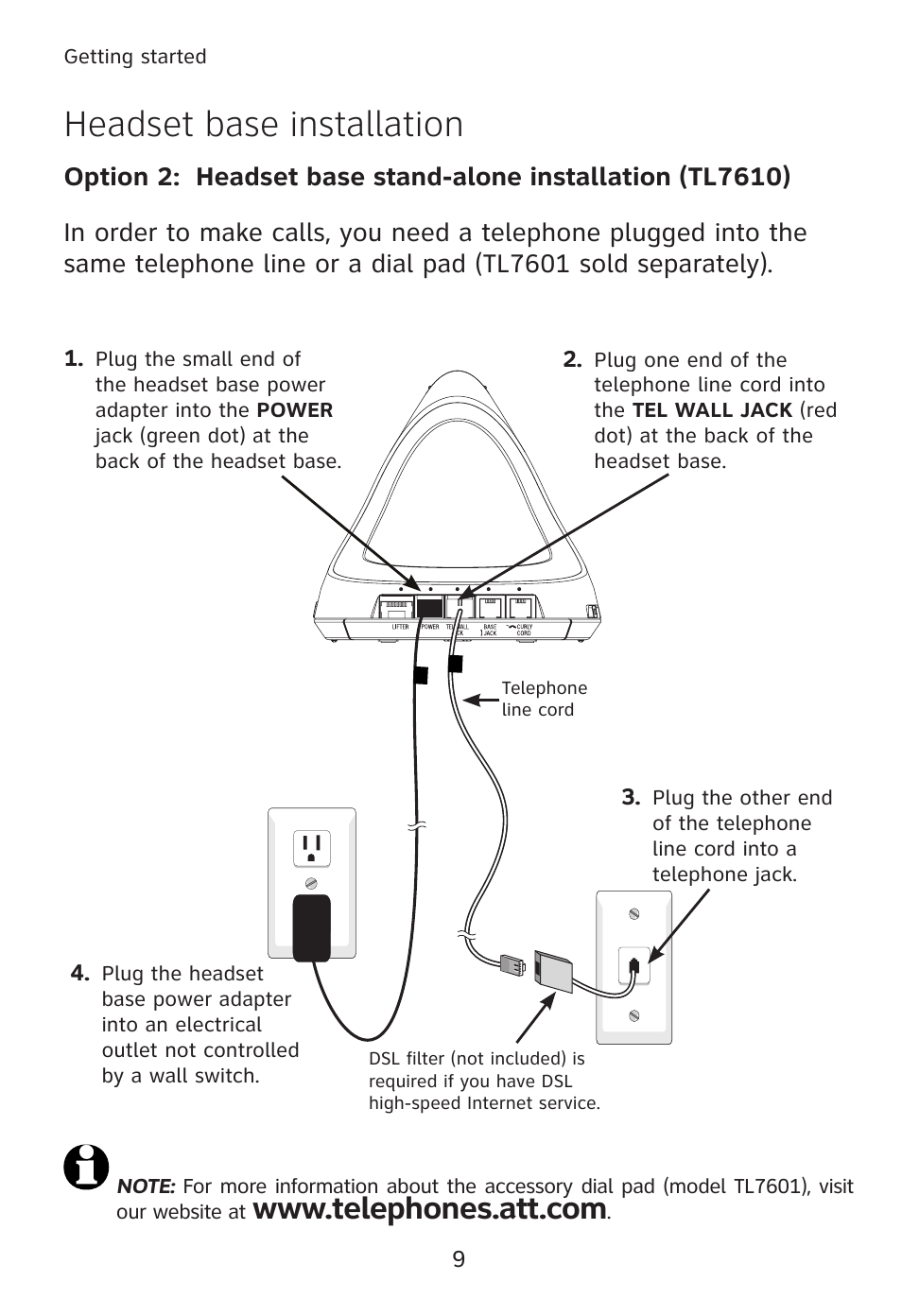 Headset base installation | AT&T TL7610 User Manual | Page 15 / 72