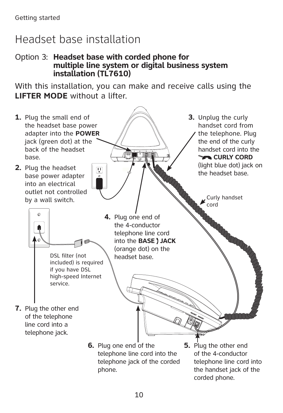Headset base installation | AT&T TL7610 User Manual | Page 16 / 72
