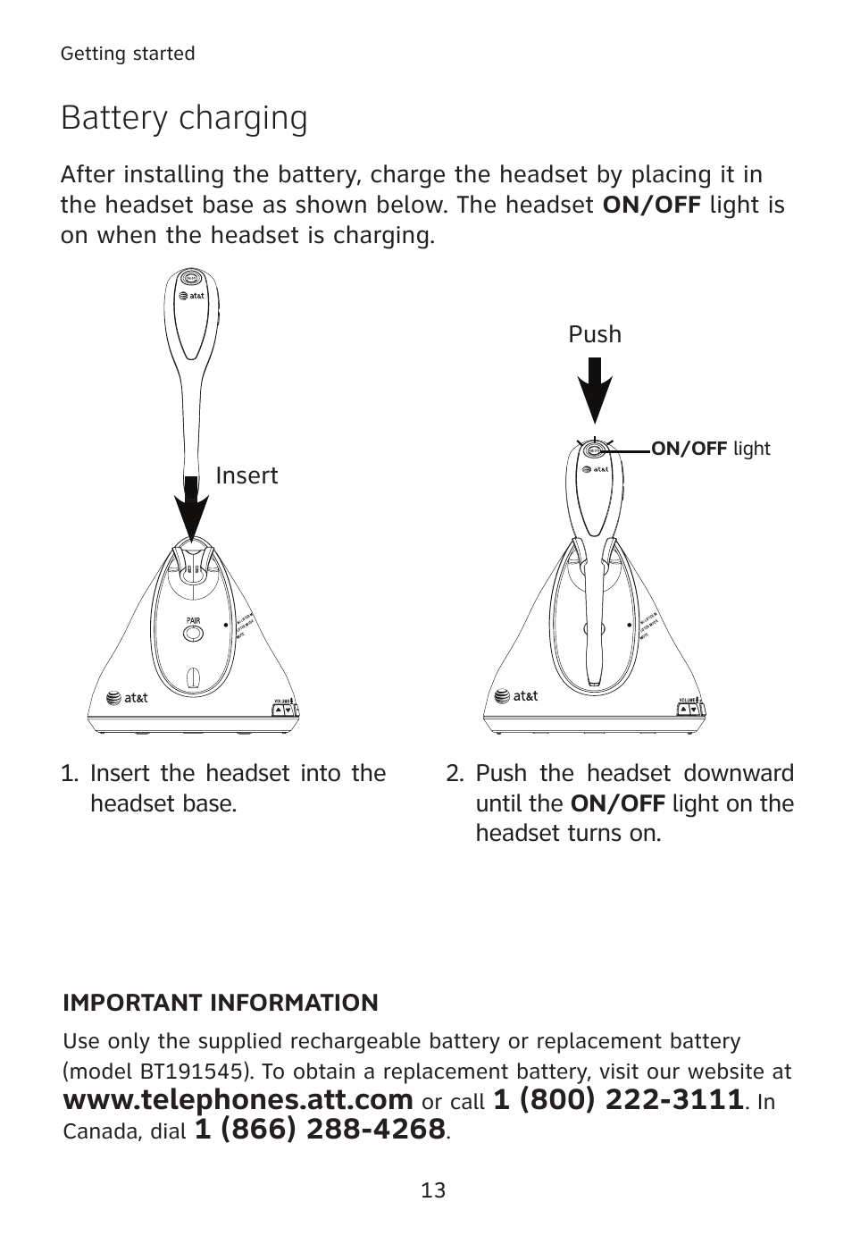 Battery charging | AT&T TL7610 User Manual | Page 19 / 72