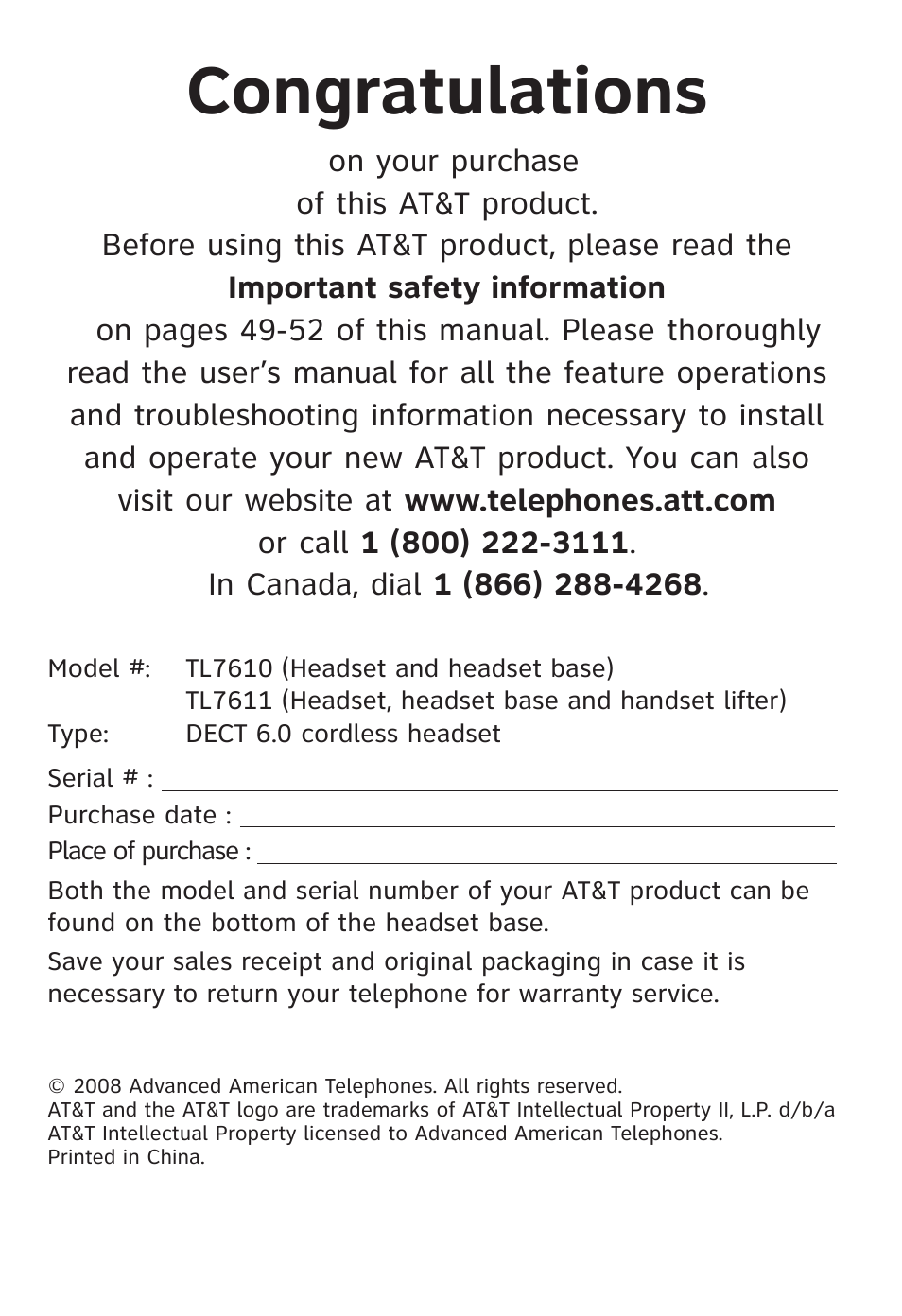 AT&T TL7610 User Manual | Page 2 / 72