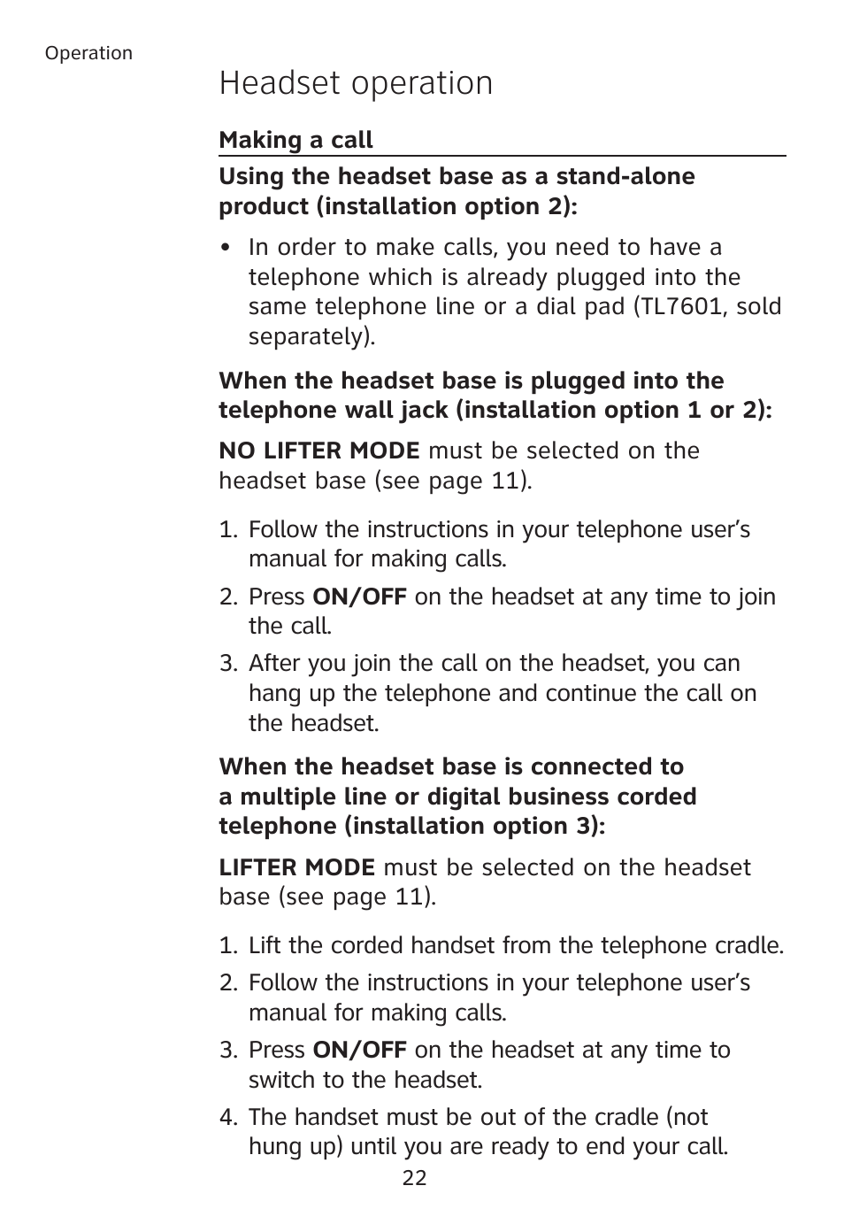 Headset operation | AT&T TL7610 User Manual | Page 28 / 72