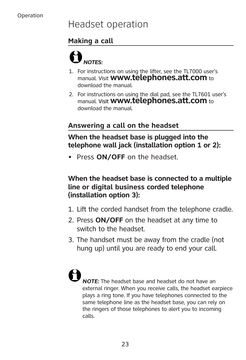 Headset operation | AT&T TL7610 User Manual | Page 29 / 72