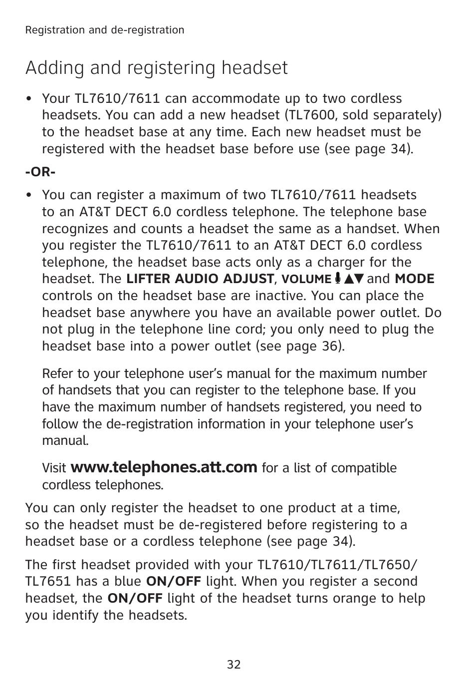 Adding and registering headset | AT&T TL7610 User Manual | Page 38 / 72