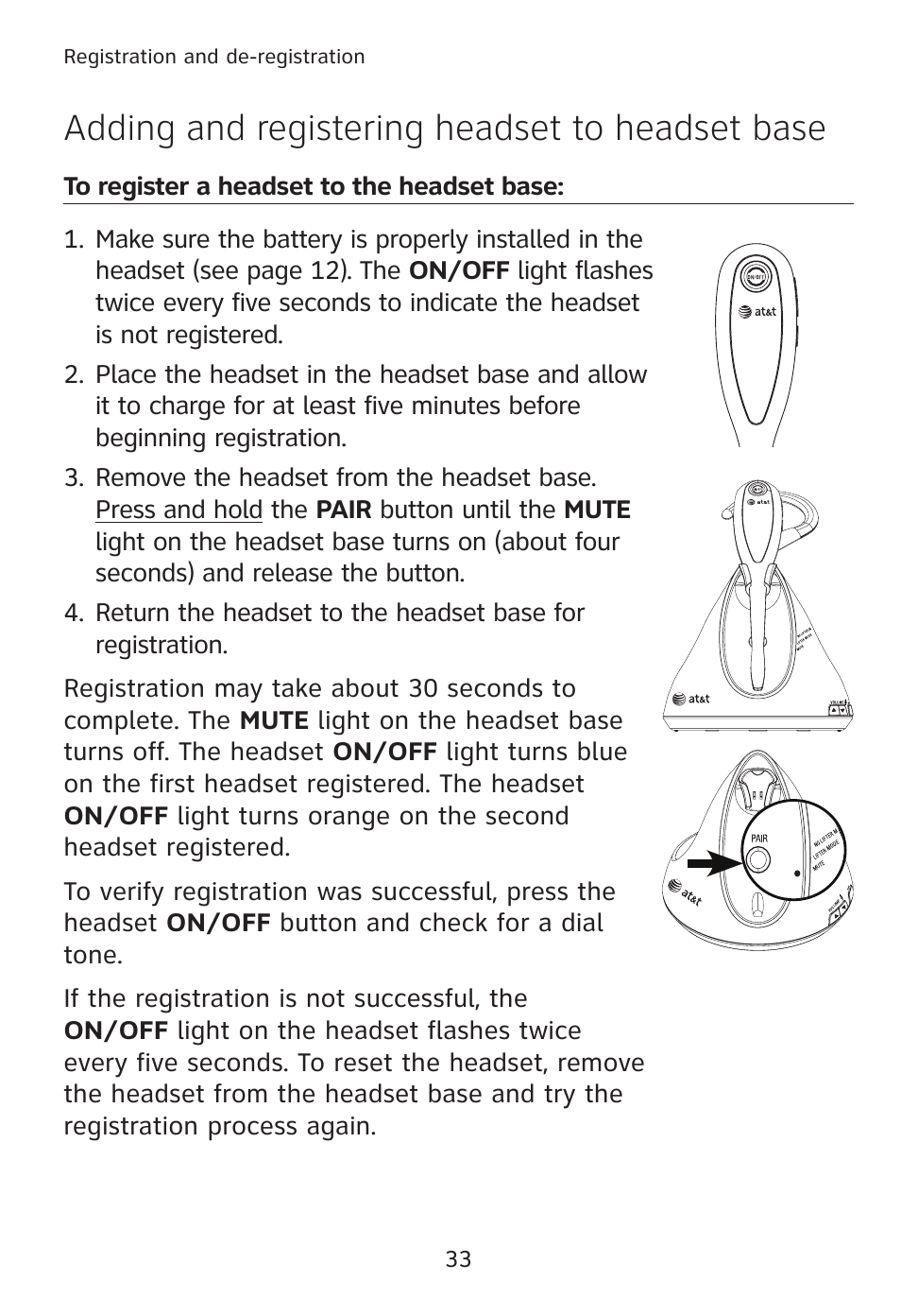 Adding and registering headset to headset base | AT&T TL7610 User Manual | Page 39 / 72