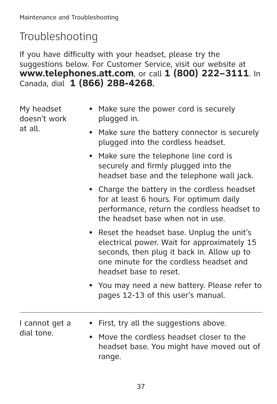 Troubleshooting | AT&T TL7610 User Manual | Page 43 / 72