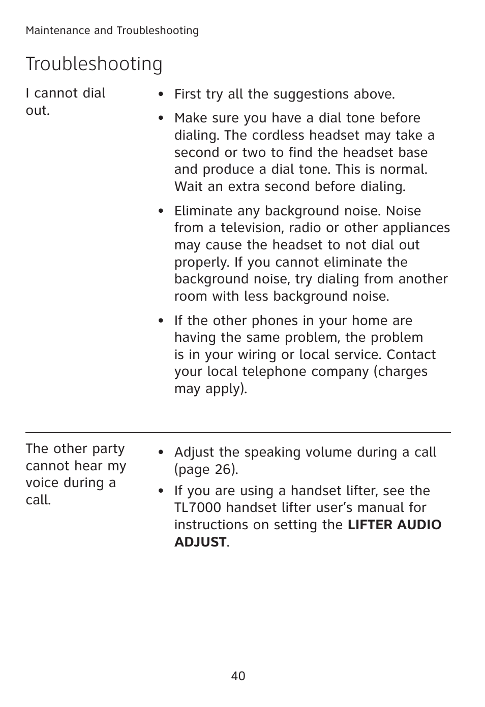 Troubleshooting | AT&T TL7610 User Manual | Page 46 / 72