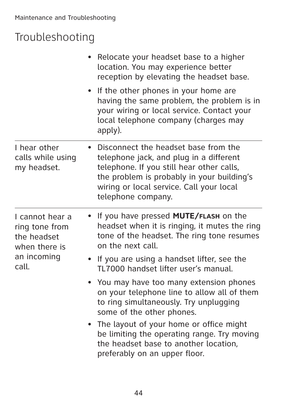 Troubleshooting | AT&T TL7610 User Manual | Page 50 / 72