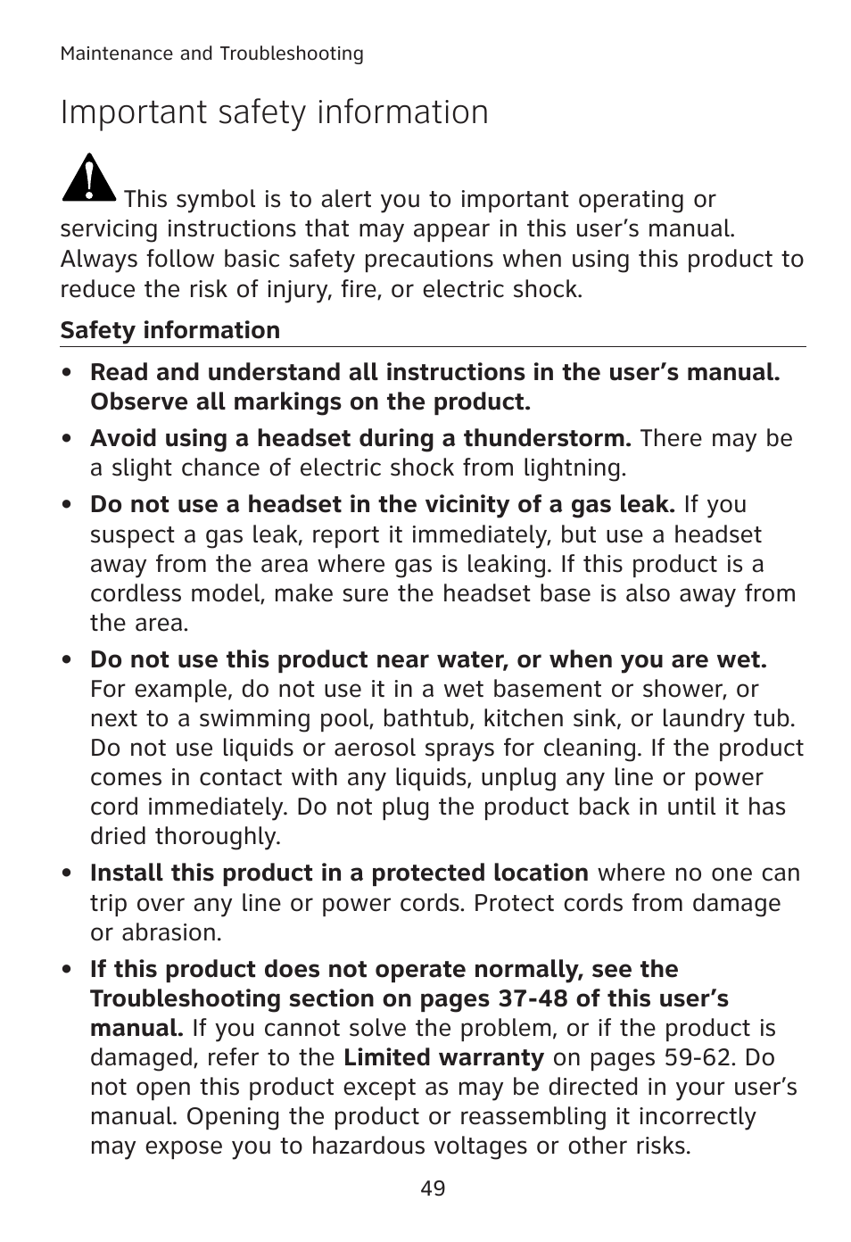 Important safety information | AT&T TL7610 User Manual | Page 55 / 72