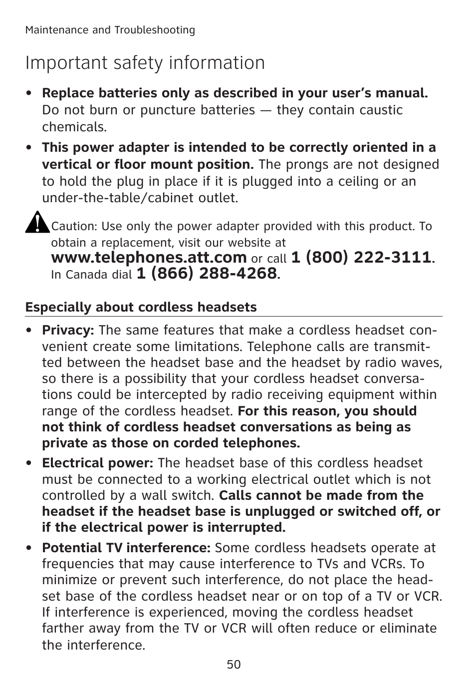 Important safety information | AT&T TL7610 User Manual | Page 56 / 72