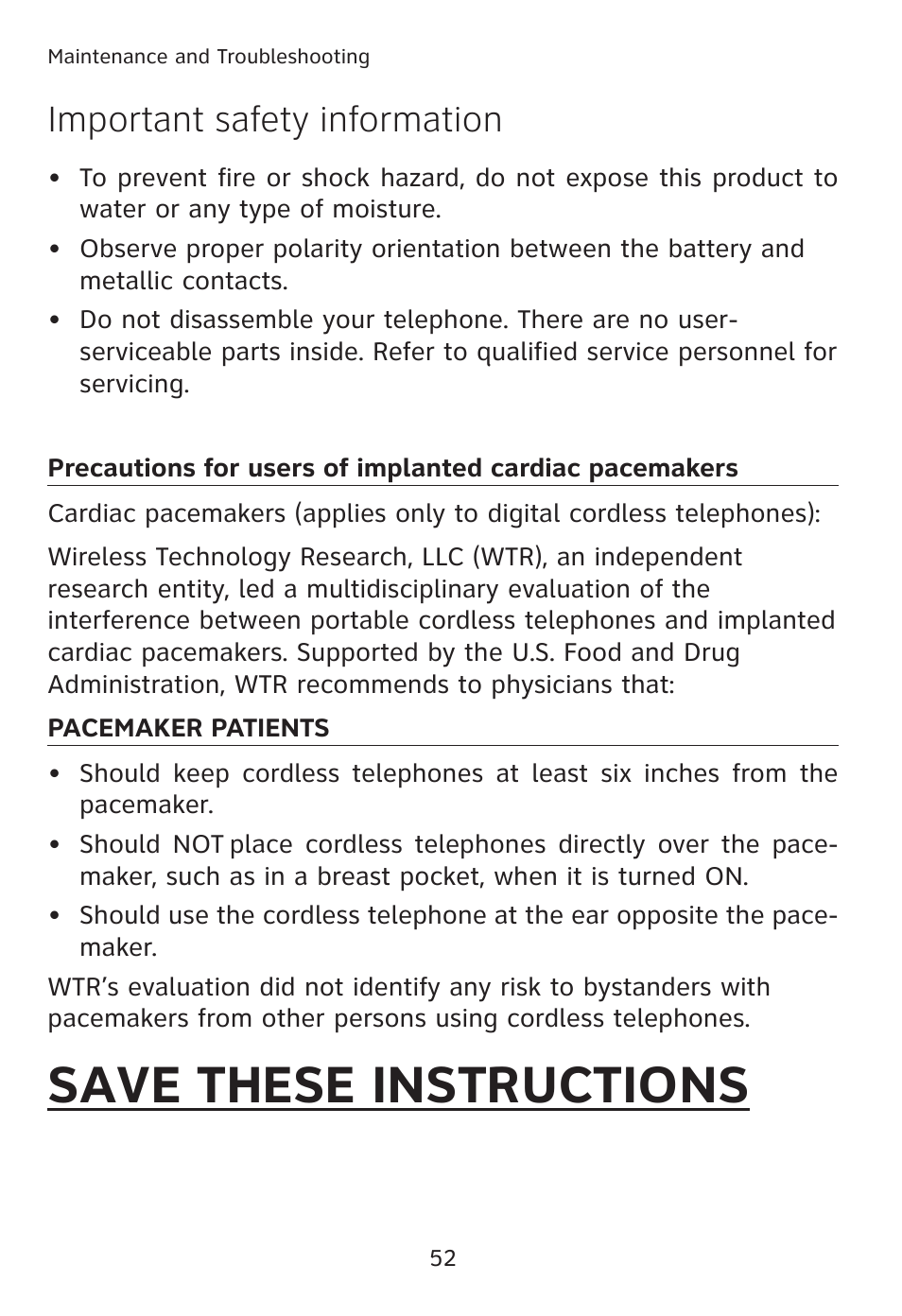 Save these instructions, Important safety information | AT&T TL7610 User Manual | Page 58 / 72