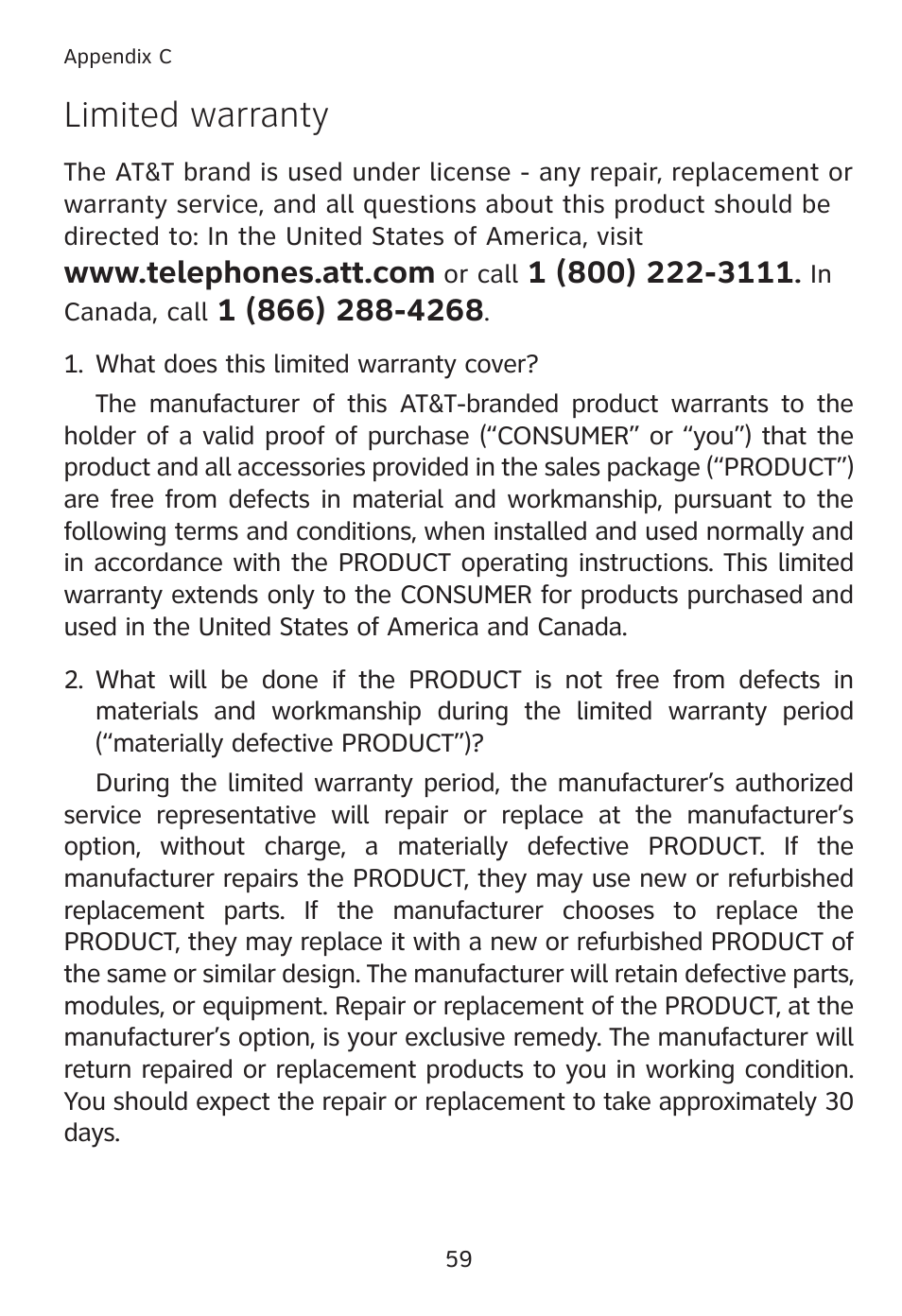 Limited warranty | AT&T TL7610 User Manual | Page 65 / 72